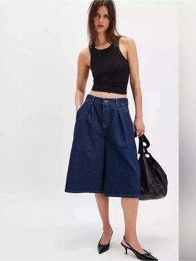 We The Free Dark Blue Denim Midi Culotte Skirt